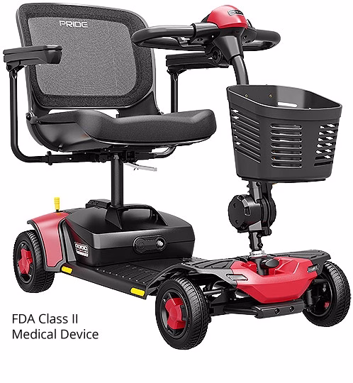 Pride Go Go Elite Traveller Gen 3 Platinum 4-wheel scooter with Cardinal Red inserts, front three-quarter view