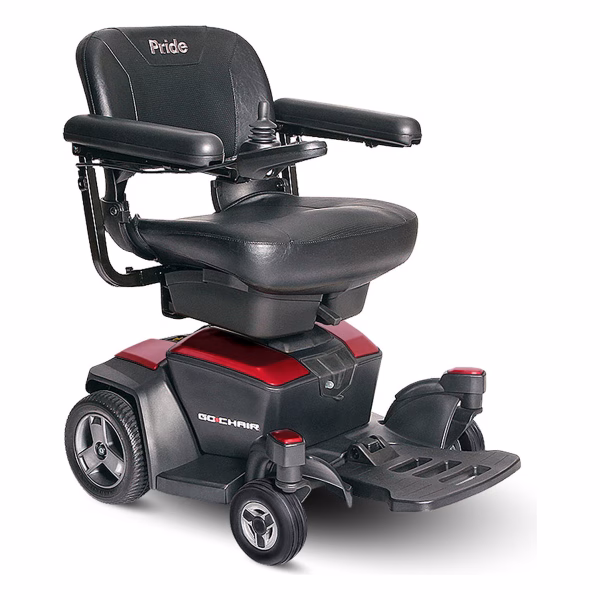 Pride Go Chair portable power chair in Ruby Red, front three-quarter view
