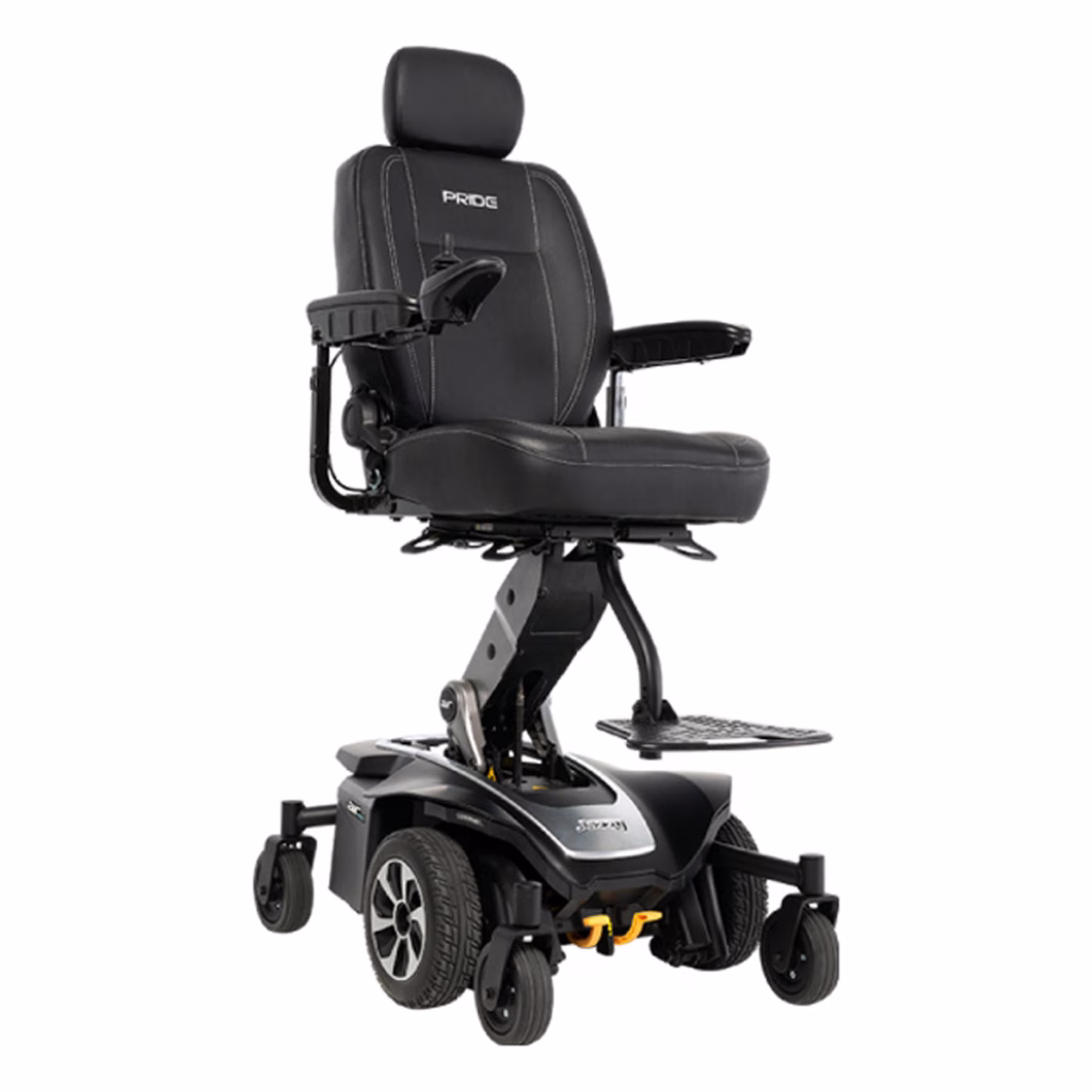 Pride Jazzy Air Med power chair in Matte Black with seat raised, front three-quarter view