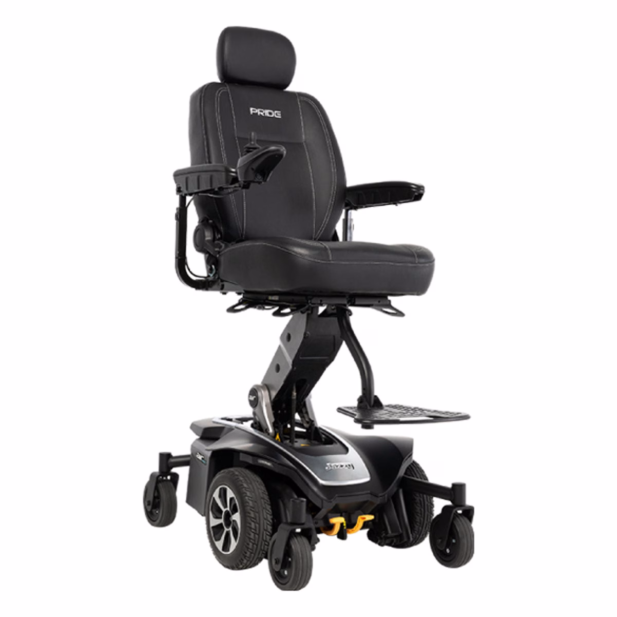 Pride Jazzy Air Med power chair in Matte Black with seat raised, front three-quarter view