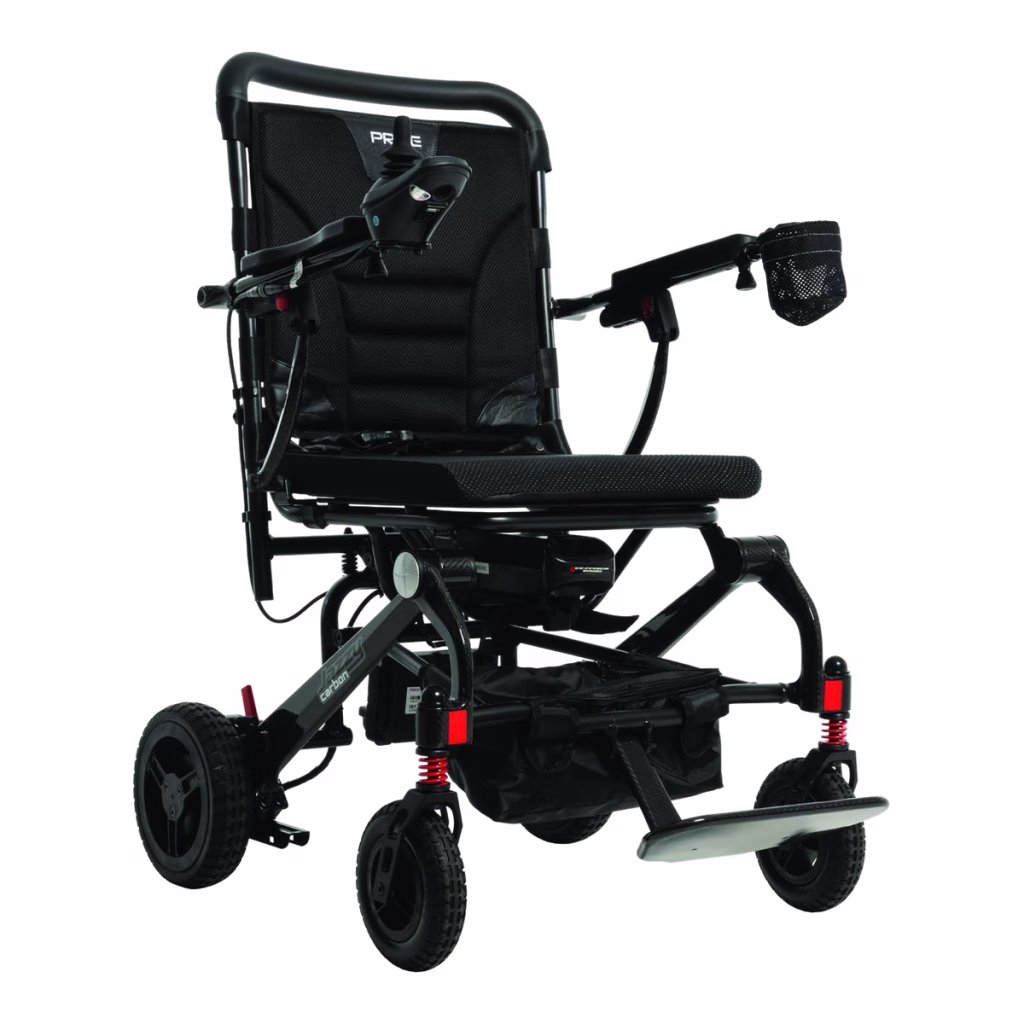 Original Pride Jazzy Carbon folding power chair in Black, front three-quarter view