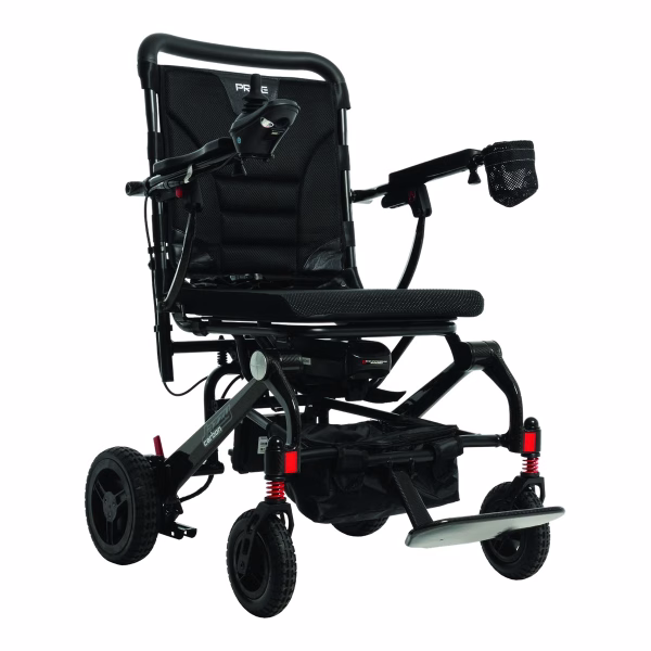 Original Pride Jazzy Carbon folding power chair in Black, front three-quarter view