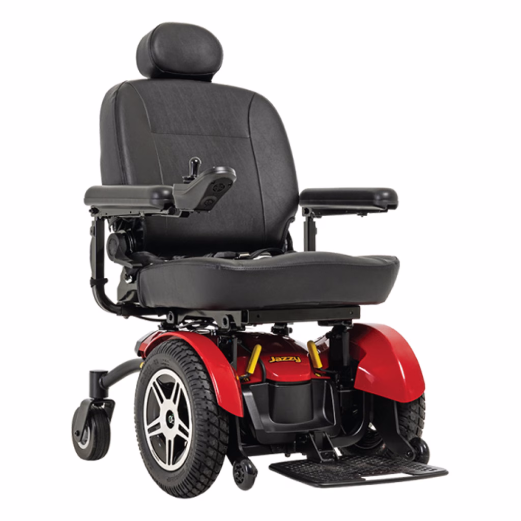 Pride Jazzy Elite 14 power chair in Jazzy Red with high-back seat, front three-quarter view