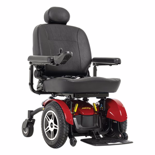 Pride Jazzy Elite HD heavy-duty power chair in Jazzy Red with high-back seat, front three-quarter view