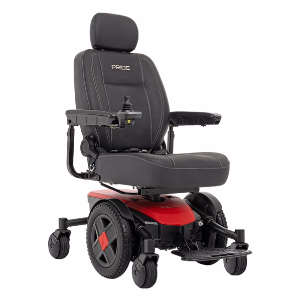 Pride Jazzy EVO 613 power chair in Cardinal Red with memory foam high-back seat, front three-quarter view