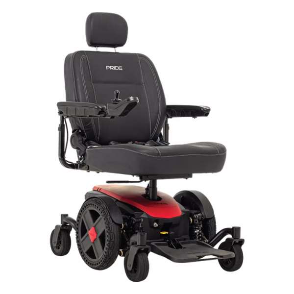 Pride Jazzy EVO 614 power chair in Cardinal Red with memory foam high-back seat, front three-quarter view