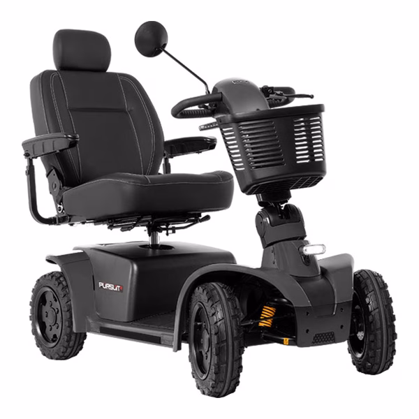 Pride Pursuit 2 4-wheel outdoor mobility scooter in matte Grey, front three-quarter view