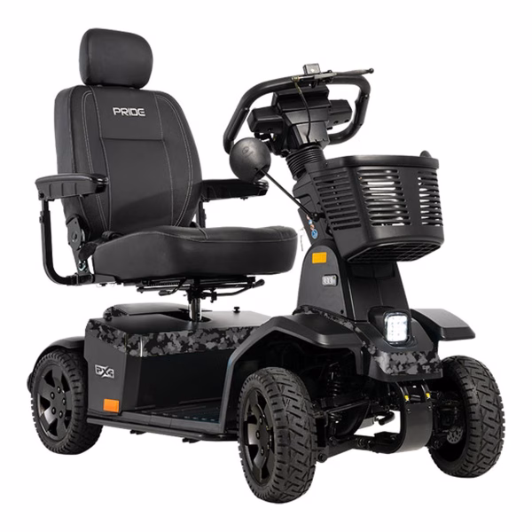 Pride PX4 heavy-duty 4-wheel mobility scooter with Black Camo accents, front three-quarter view
