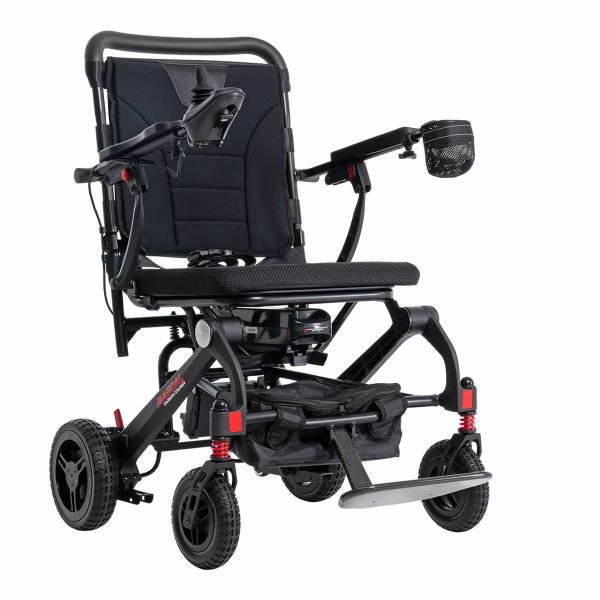 Rascal Carbon Cruiser folding electric wheelchair in Black, front three-quarter view